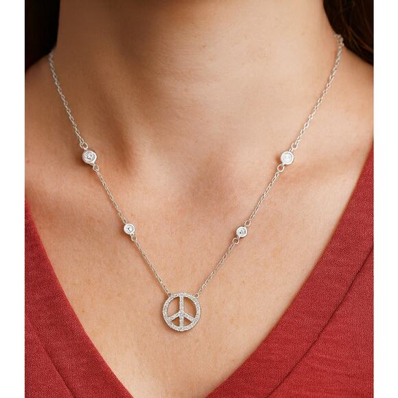 Peace Sign Sterling Silver necklace with cubic zirconia stations 16-18 In - Picture 1 of 3